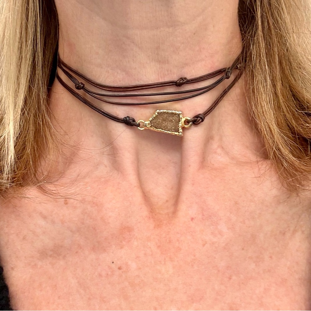 Necklace 22K Gold Vermeil Druzy Crystal leather wrap necklace, bracelet EUC